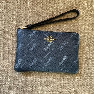 NWT Coach Blue Horse and Carriage Wristlet with Gold Logo